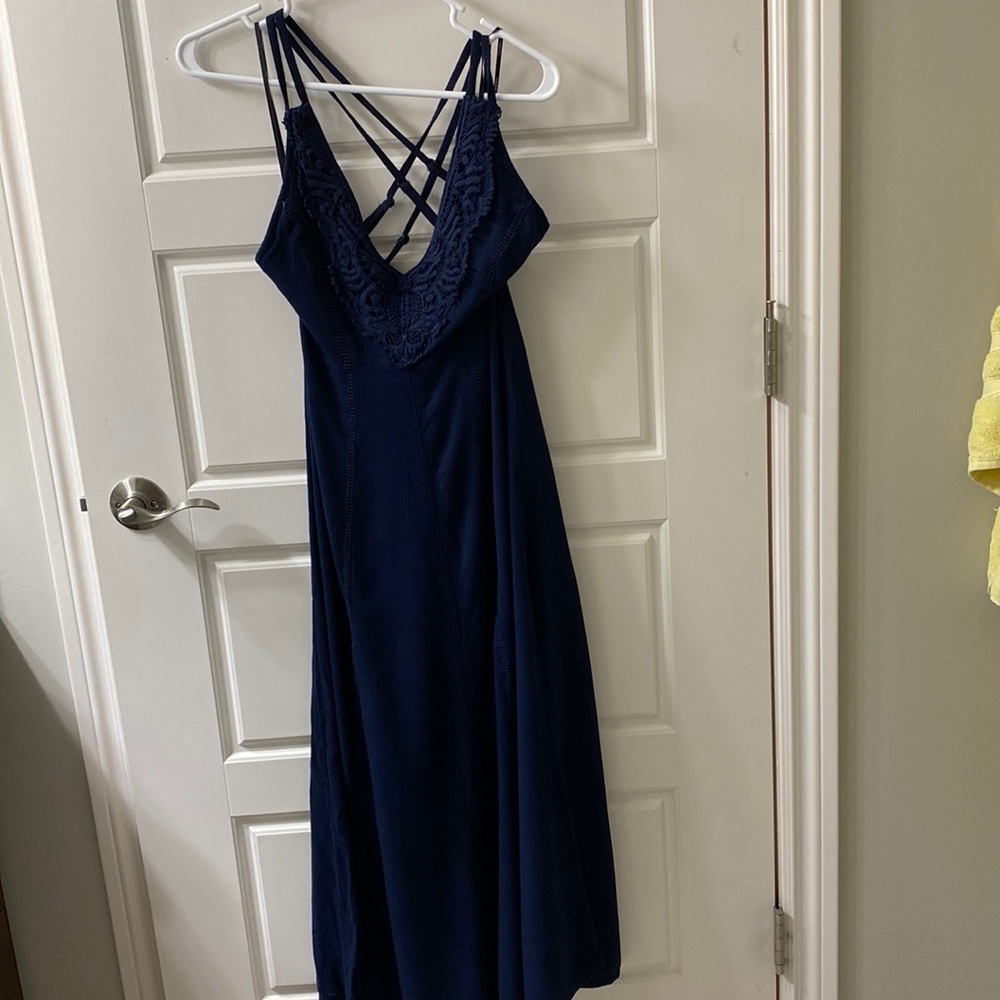Nikibiki navy boho maxi summer beach crisscross strap dress crochet trim